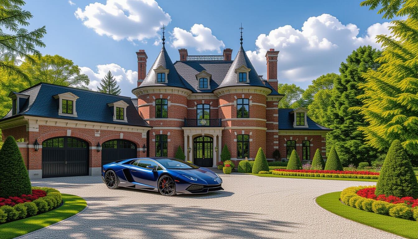 Victorian Chateau with Lamborghini in Summer Garden
