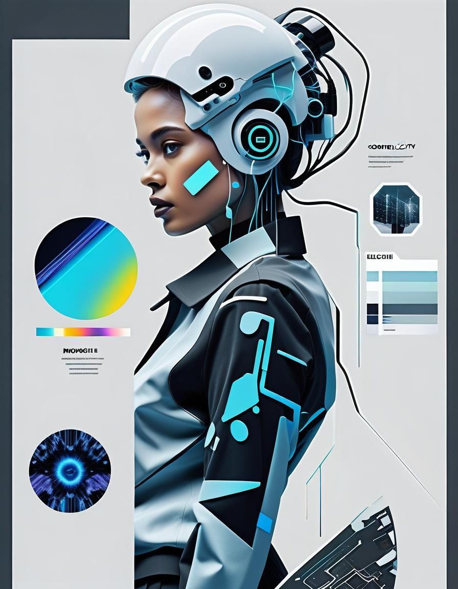 The mood board would include: Sleek, futuristic fonts. Images depicting AI, profile of a female face and technology in a...