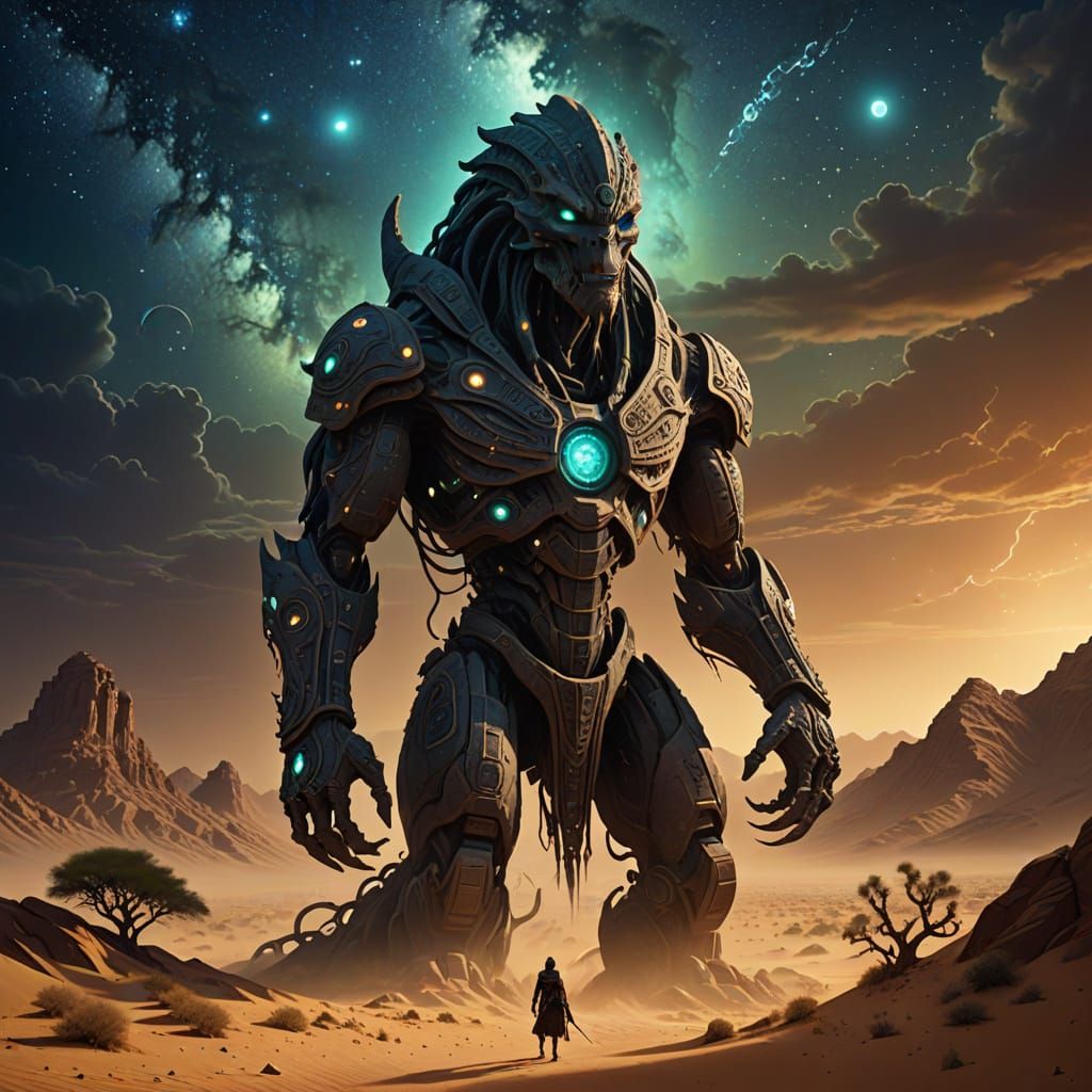 Ancient Stone Guardian of Desert Oasis