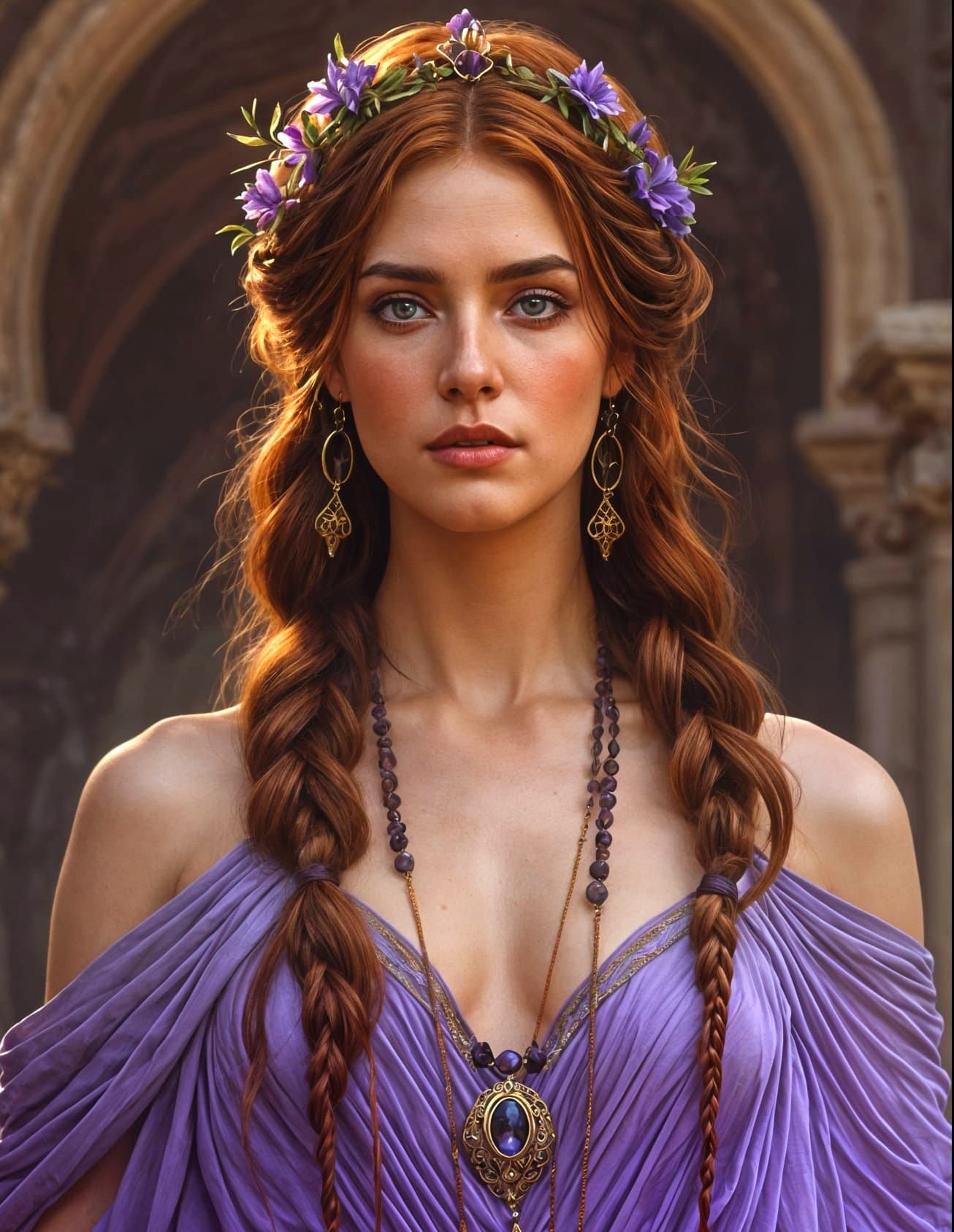Elegant Goddess with Auburn Hair and Violet Eyes