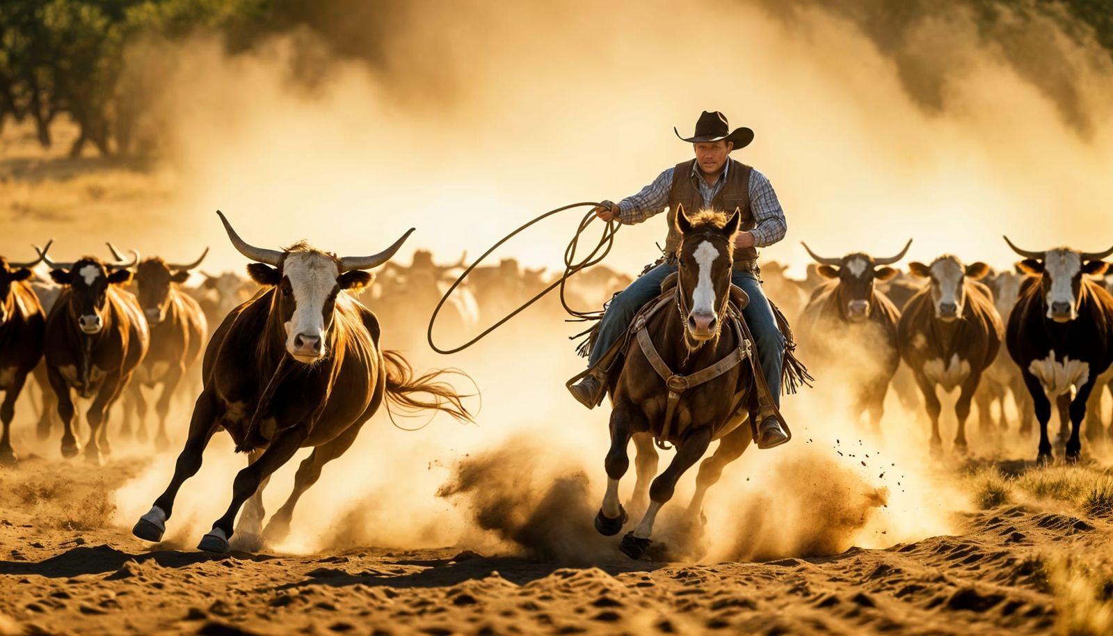 Cowboy Ropes Longhorn in Dramatic Dust Cloud Action Shot