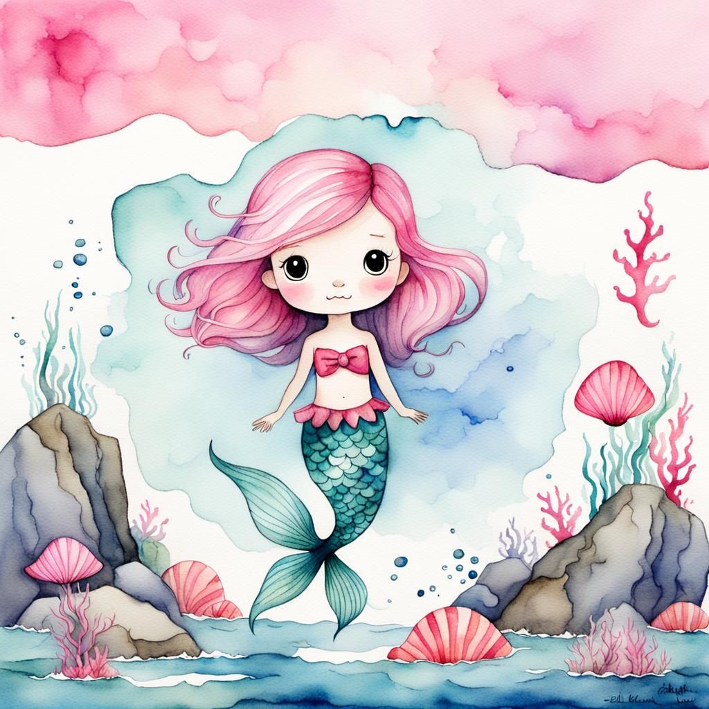 Chibi Pink Mermaid Watercolor Illustration
