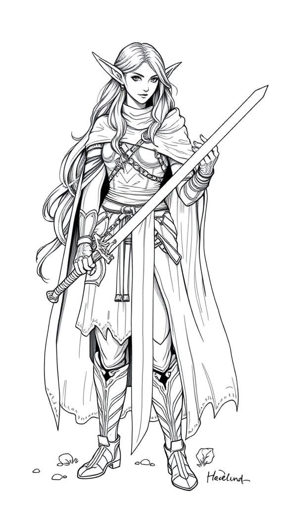 Medieval Elf Warrior: Black and White Linear Art