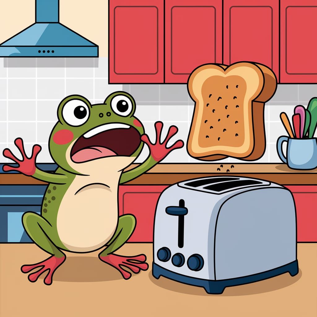 Surprised frog as the bread jumps out of the toaster