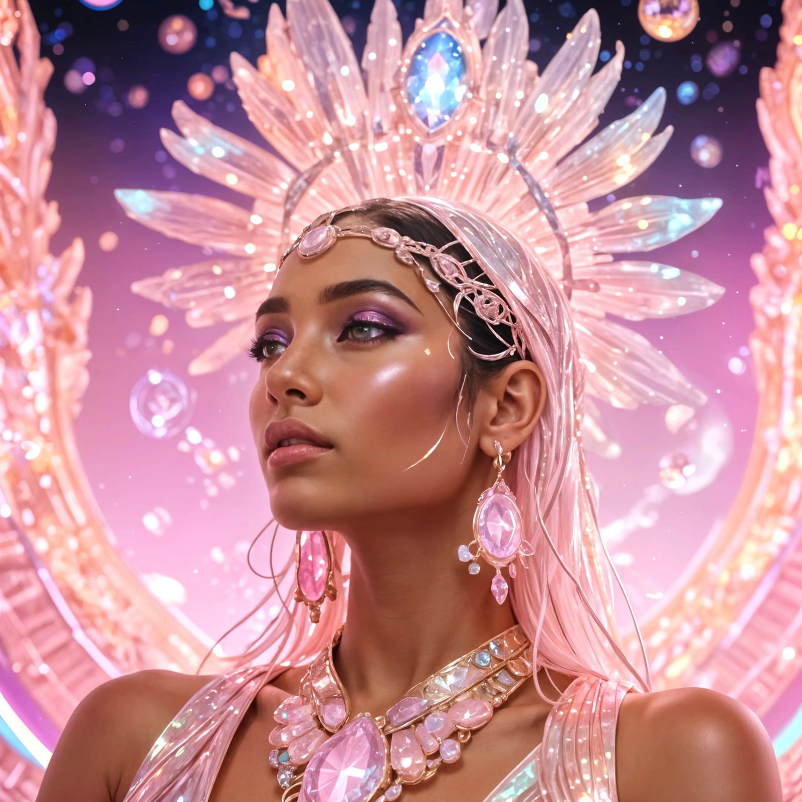 Holographic Isis: Cosmic Goddess in Pastel Pink
