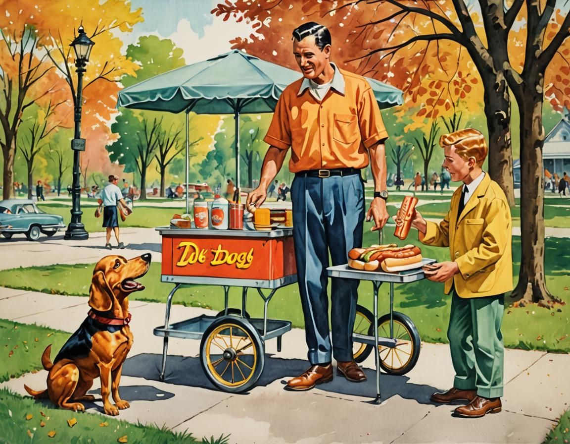 1950s Hot Dog Cart Scene in Pop Art Style