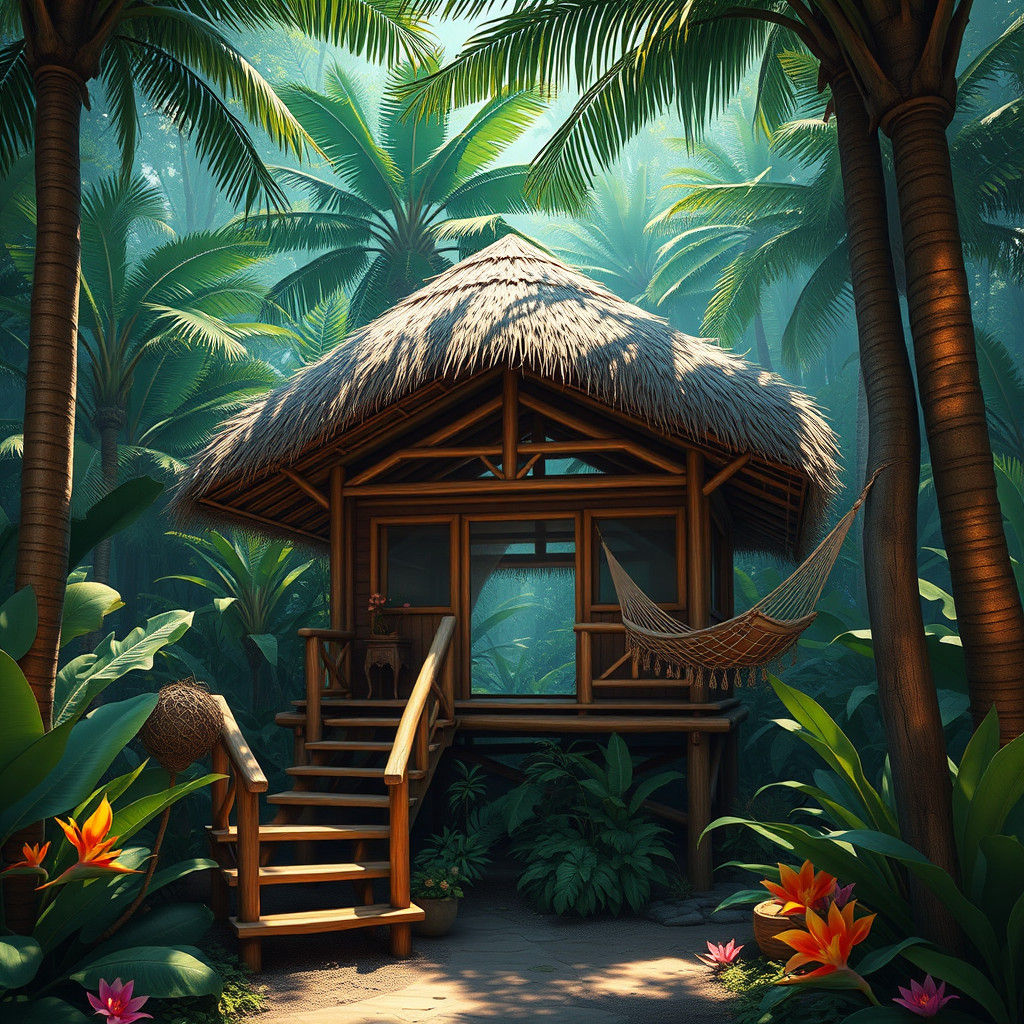Lush Bamboo Cabin in Emerald Jungle Concept Art