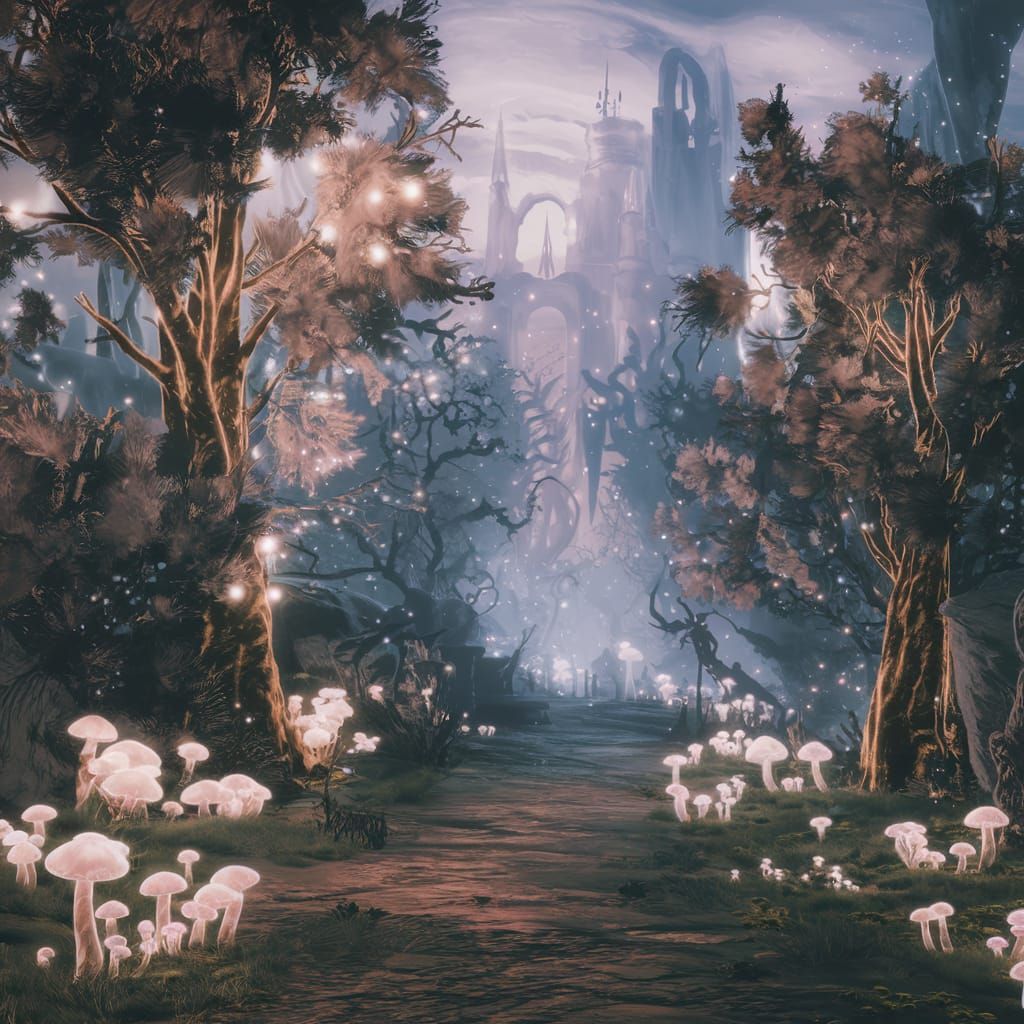 Ethereal Fantasy Scene with Glowing Forest and Castle
