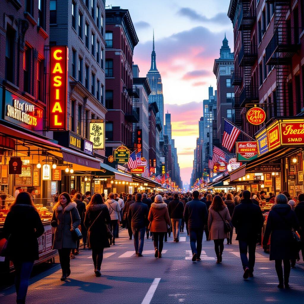 NYC Autumn Festival Street Scene in Golden Hour Light