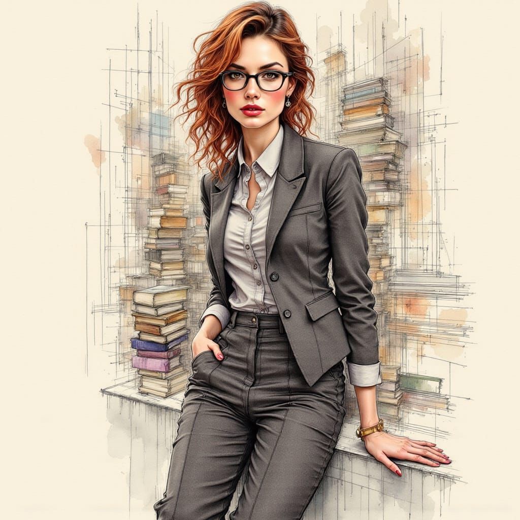Professional Woman in Detailed Colored Ink Drawing