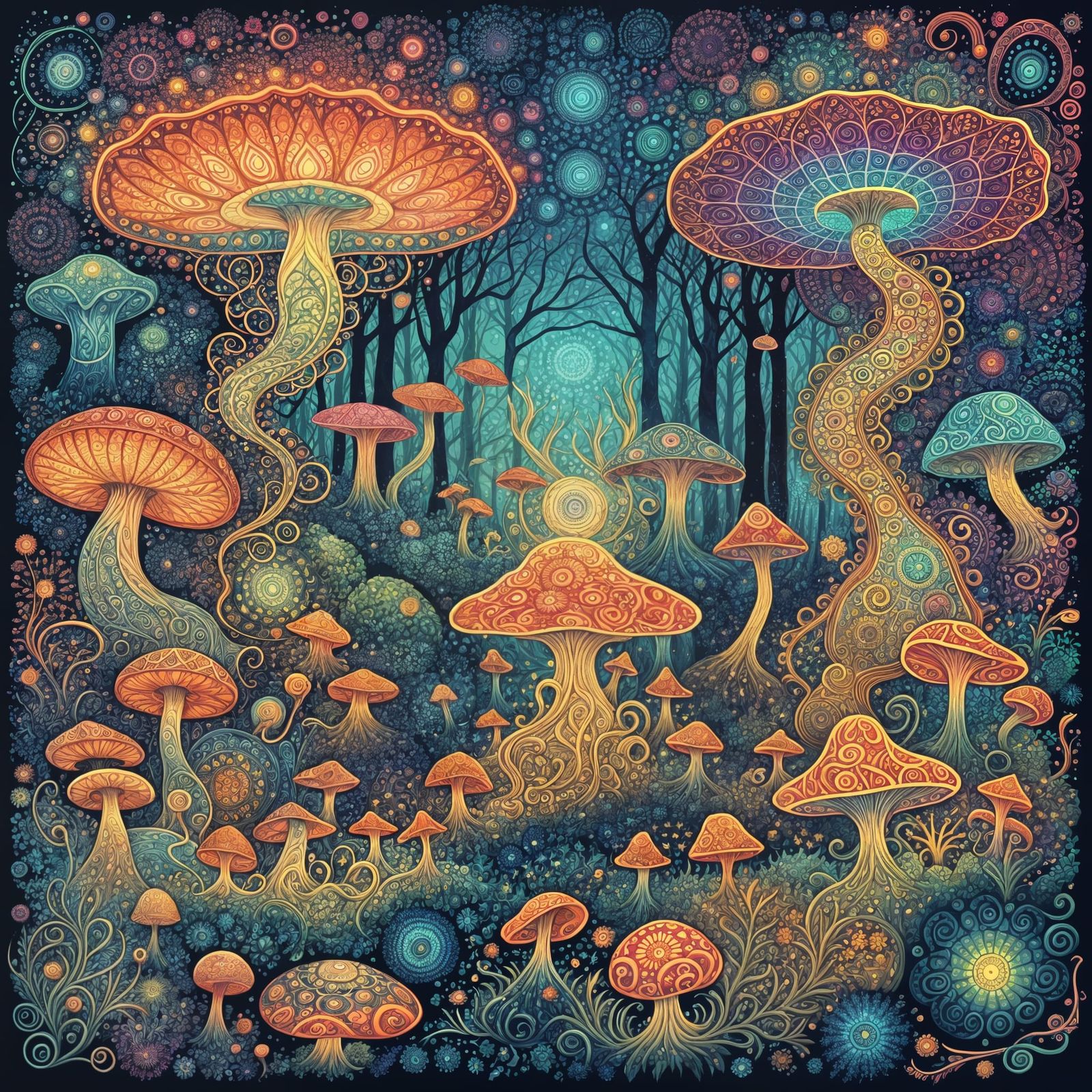 Psychedelic Mandalas with Mushrooms and Aliens