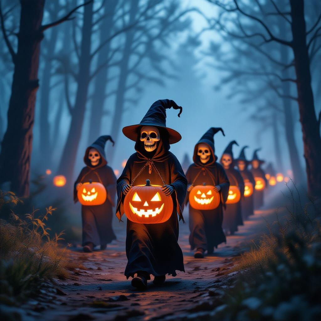 Ghostly Lantern Parade in Foggy Forest