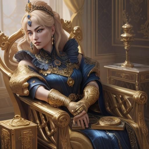 Queen on Throne with Pentacles: Vibrant 3D Anime Art