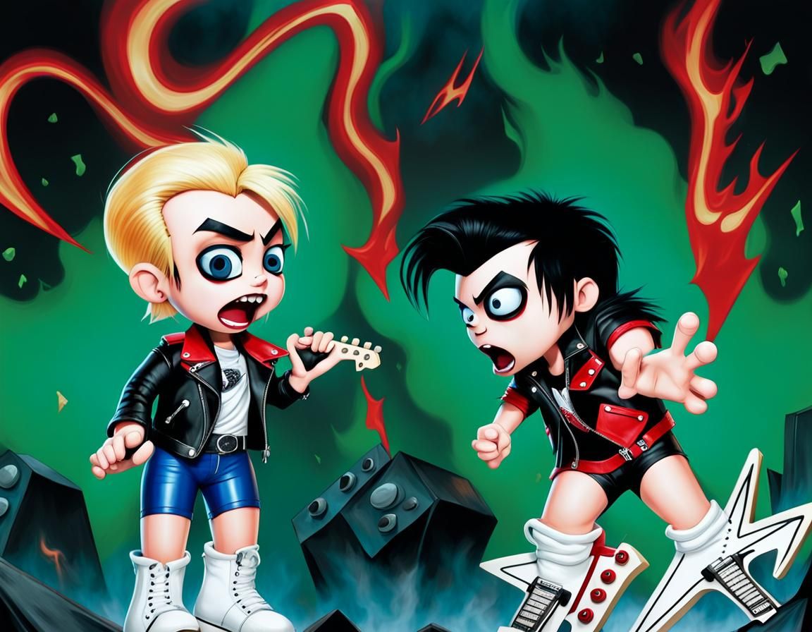 Cartoon Metal Rock Stars on Stage in Pop Art Style