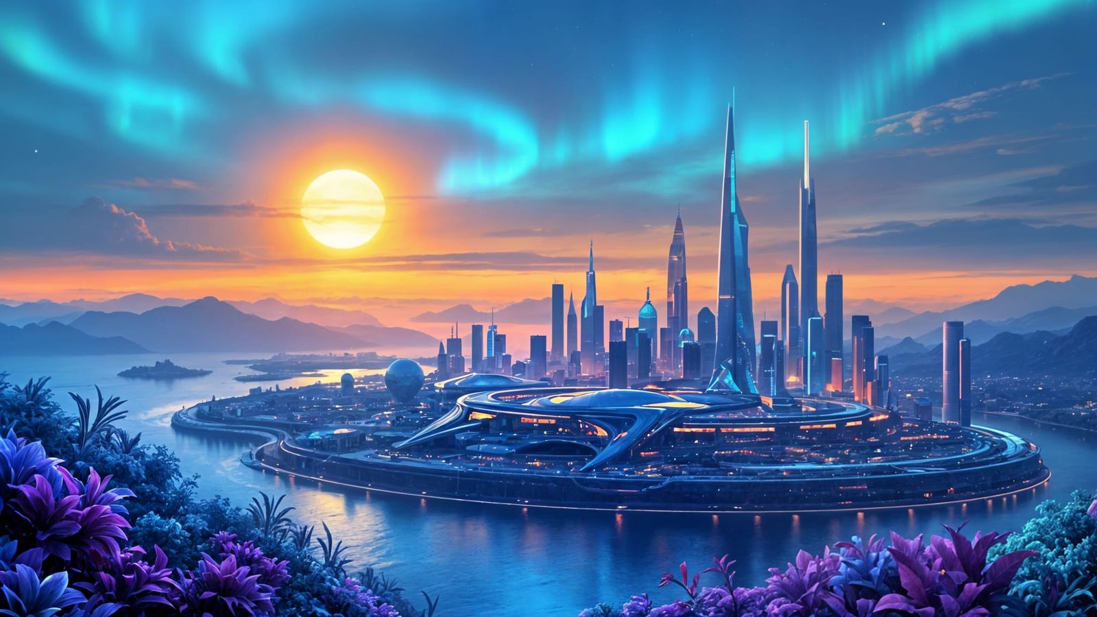Futuristic City Under a Yellow-White Star With Aurora