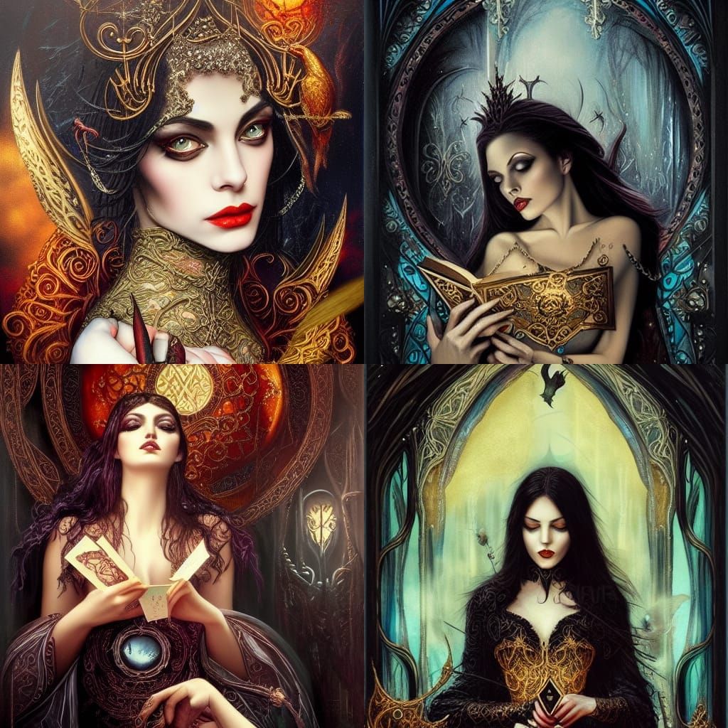 Gothic Woman Reading Tarot Cards in Oil Painting Style