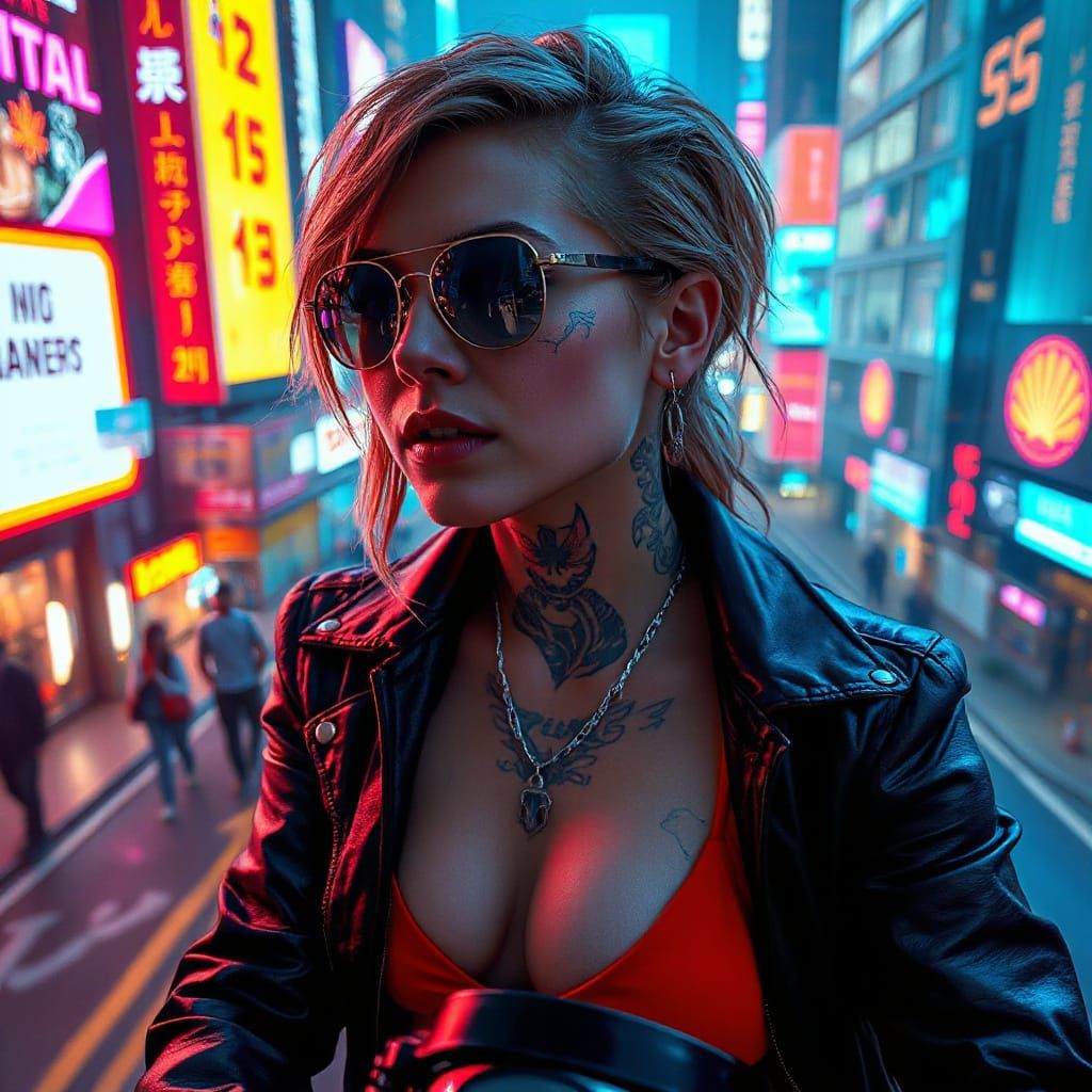 Cyberpunk Hacker Goddess in Neon Cityscape