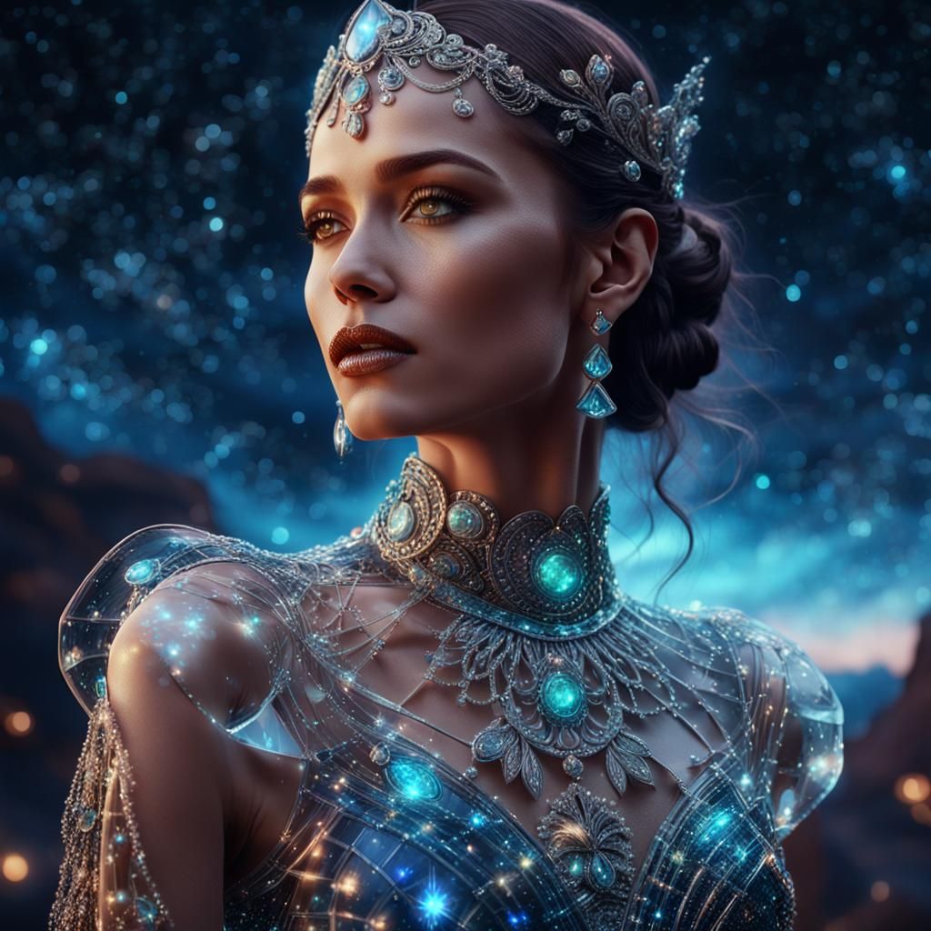 Woman in Transparent Glass Dress Against Night Sky