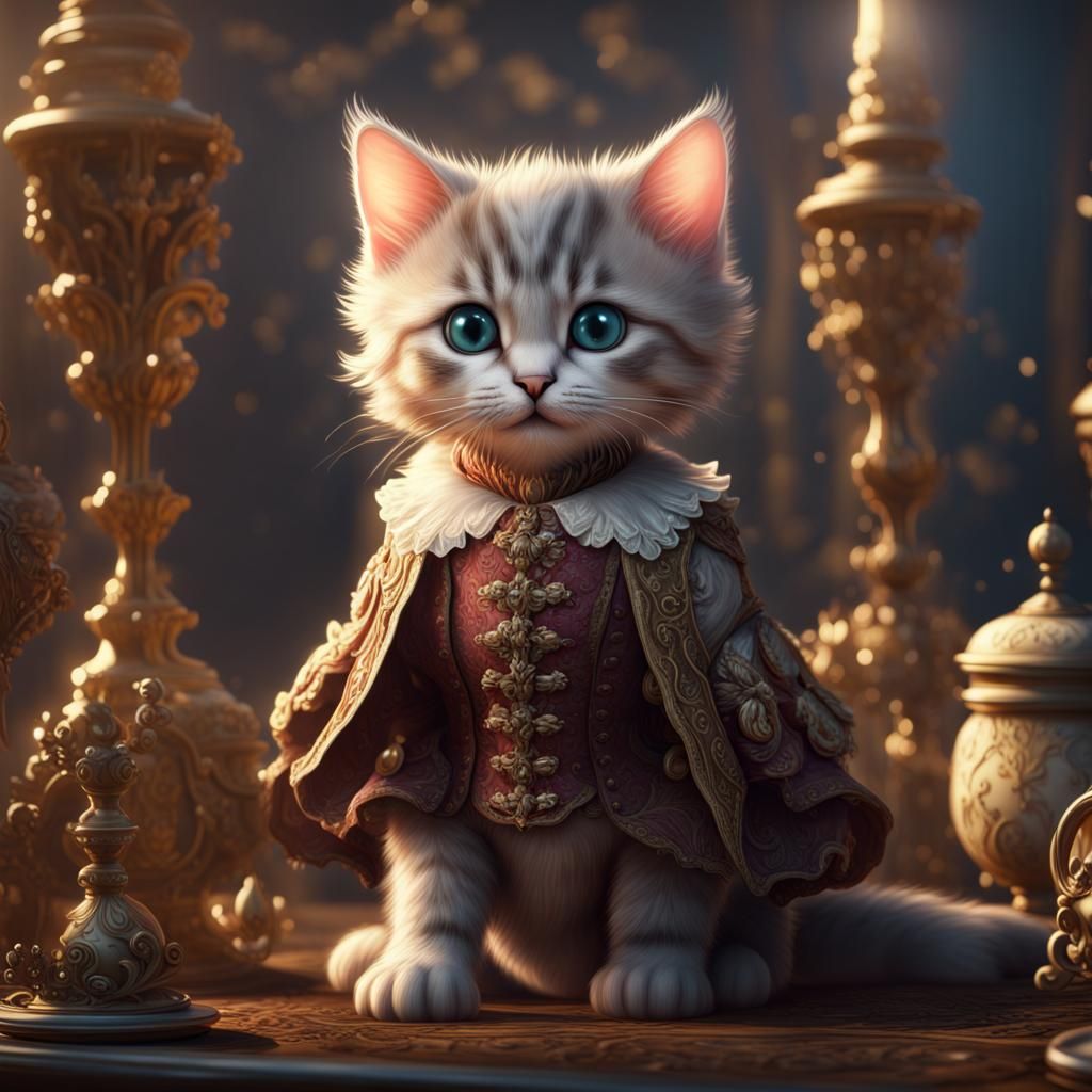 Baby Cat in Rococo Dress: Detailed Digital Art
