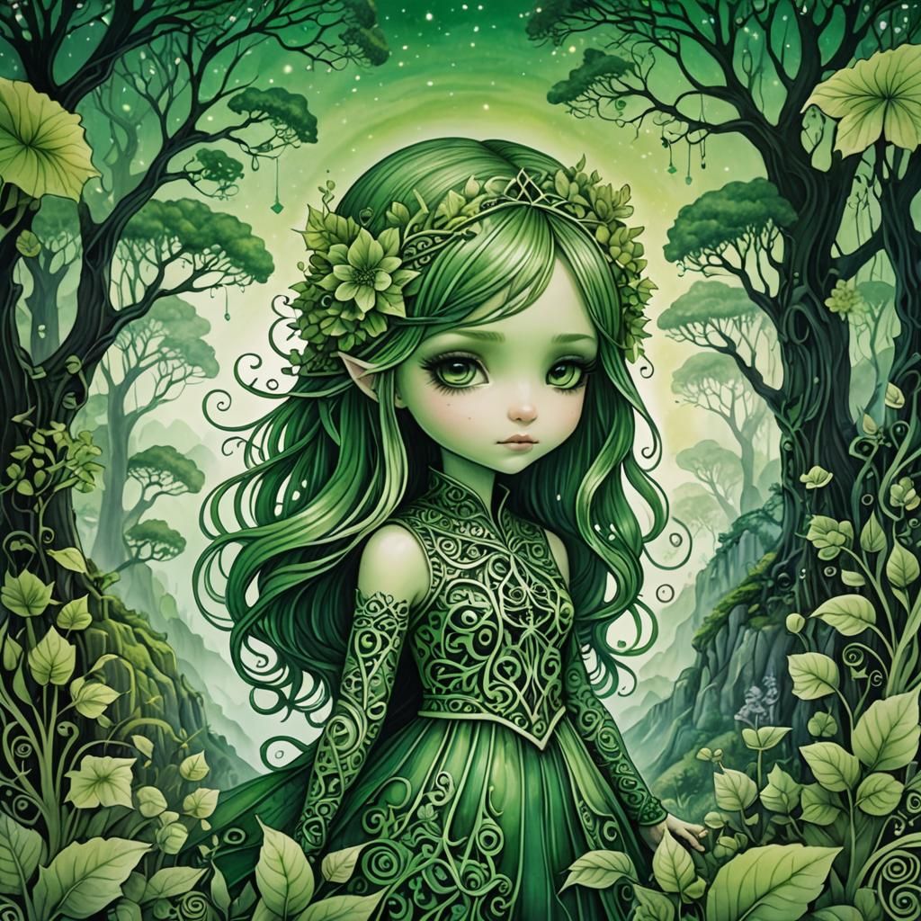 Ethereal Greenotype Landscape in Whimsical Zentangle Style