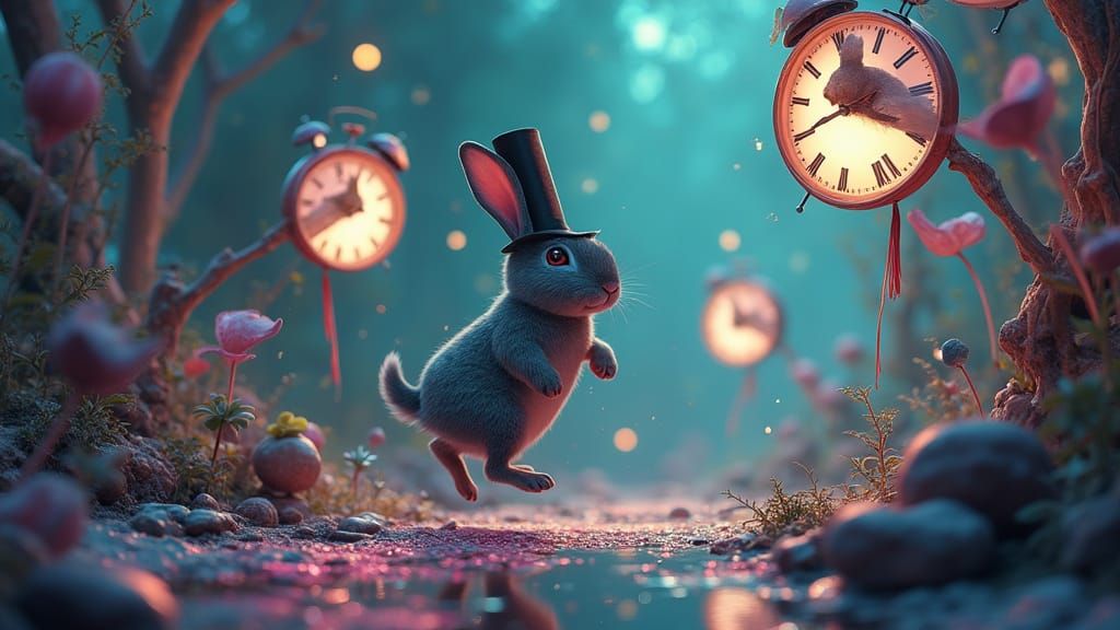 Surreal Geometric Rabbit in Kaleidoscopic Forest