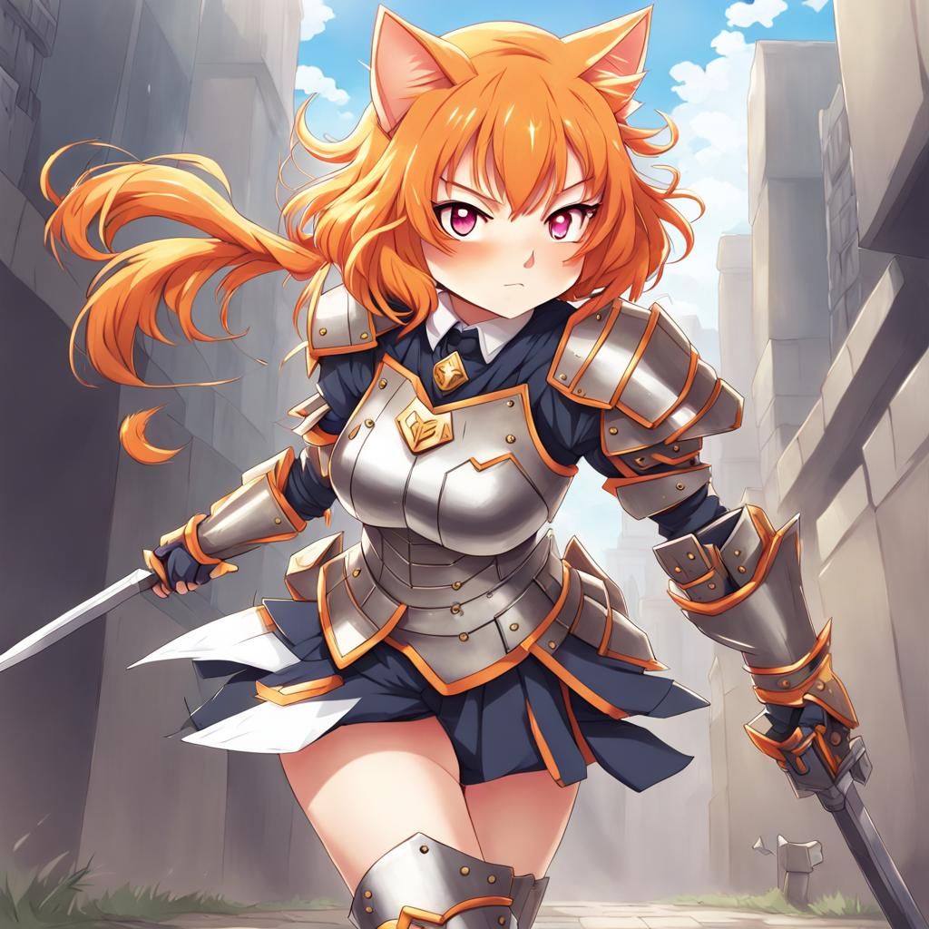 Armored Cat Girl Ready for Battle: Anime Style