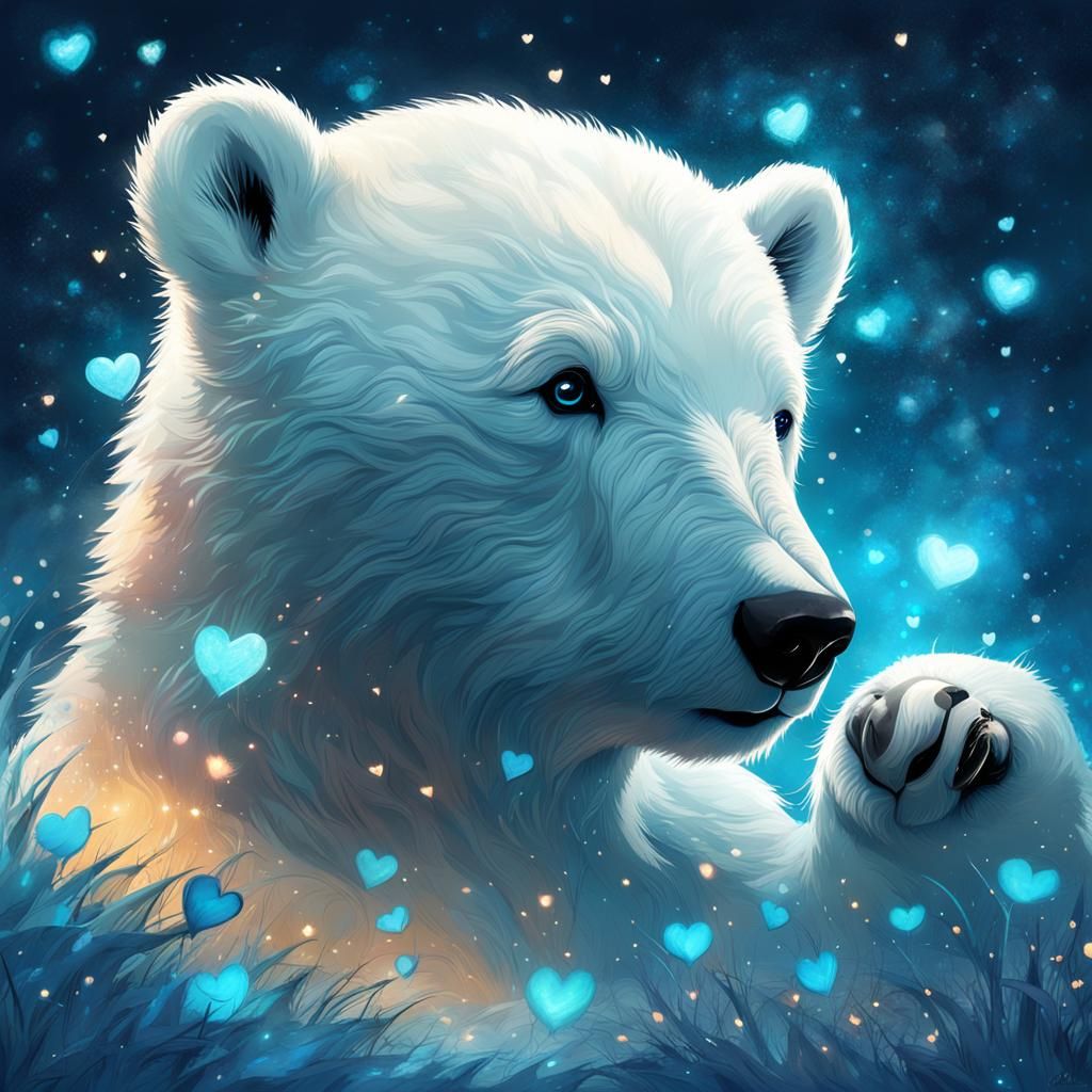 Cute Polar Bear Cub on Bioluminescent Love Field
