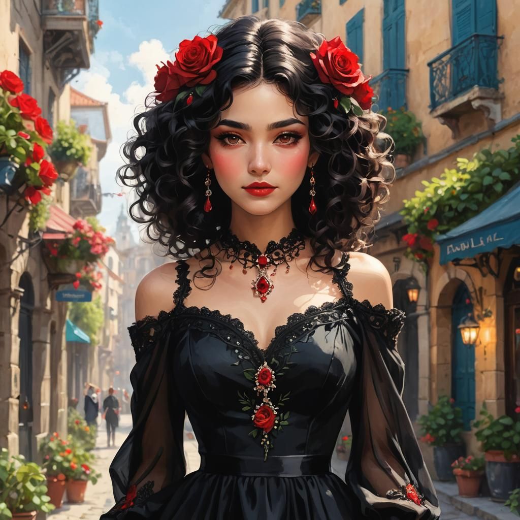 Elegant Woman with Roses in a European Setting