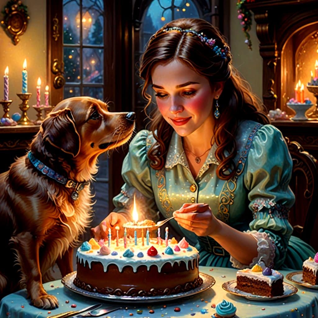 Lady and Dog Share Birthday Cake, Detailed Art