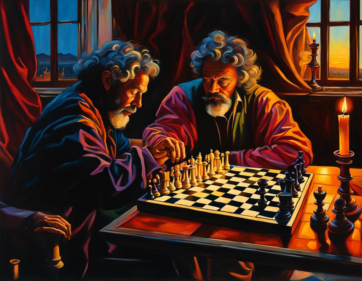 Men Playing Chess in Baroque Iridescent Lighting