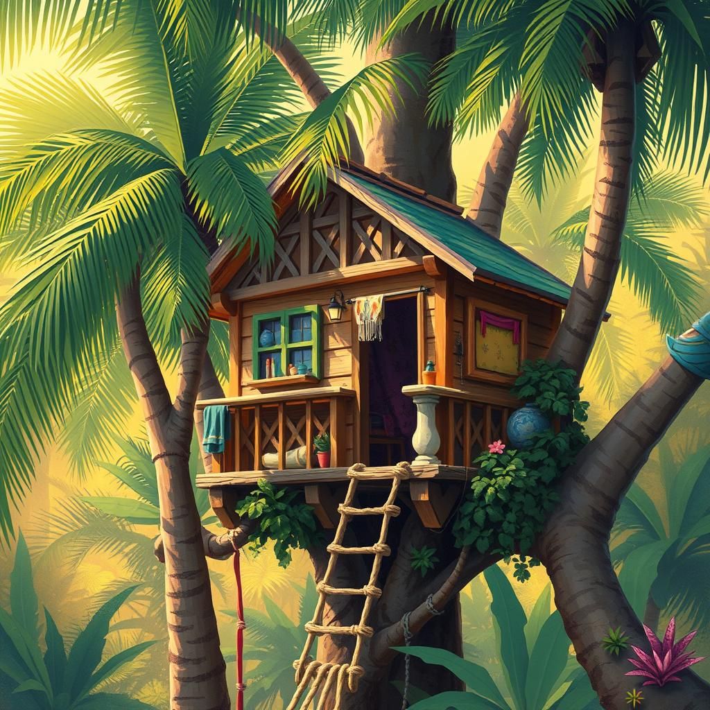 Tropical Treehouse in Impressionist Style
