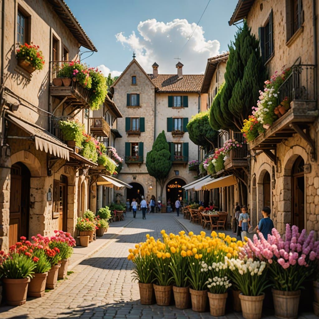 Idyllic Countryside Village with Cypress Trees and Children ...