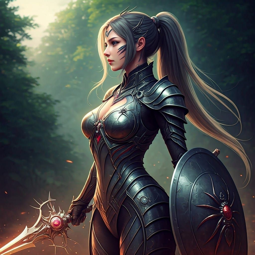 Sleek Metal Maiden Empowered by Arachnid Majesty