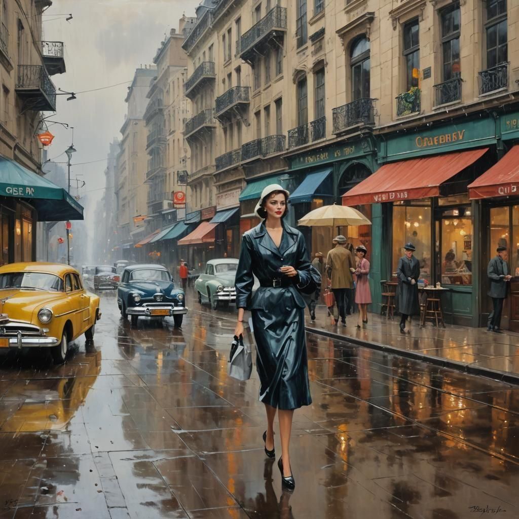 1950s Rainy Street Scene in James Gurney Style