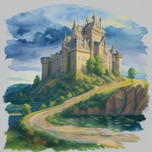 Gouache Style Castle Landscape in Watercolor