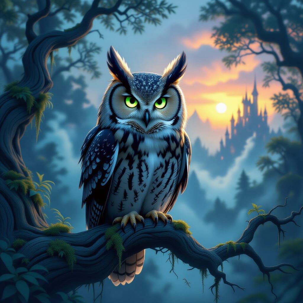 Ancient Owl in Enchanted Forest Dusk Digital Painting
