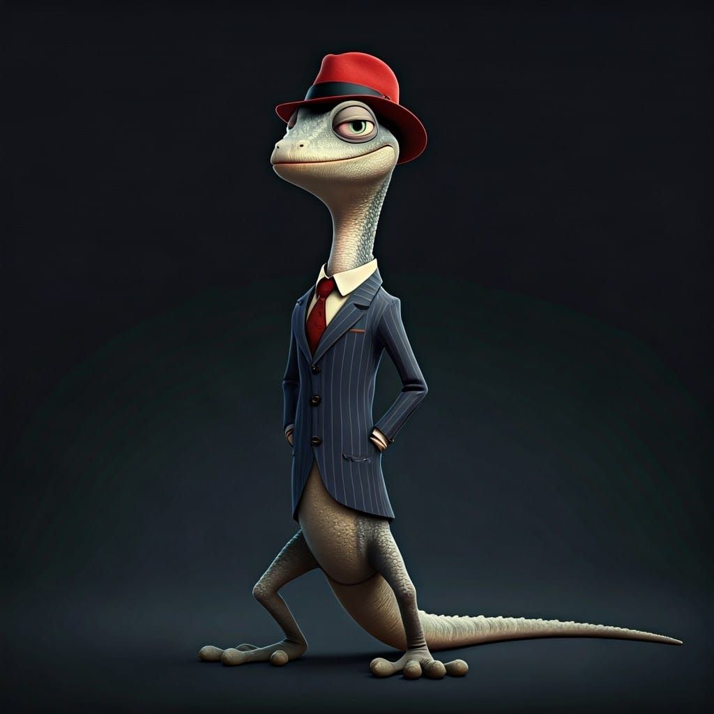 Humorous Pixar-Style Lizard in Pinstripe Suit