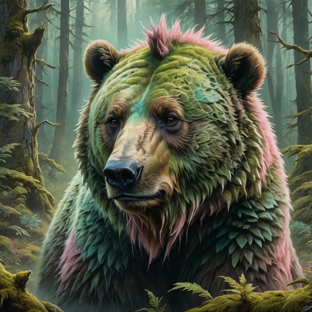 Mossy Mohawk Bear in Fantasy Oil Painting