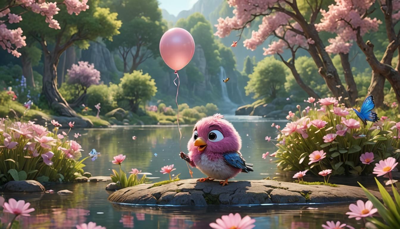 Pixar Style Baby Bird with Balloon Overlooking Lake