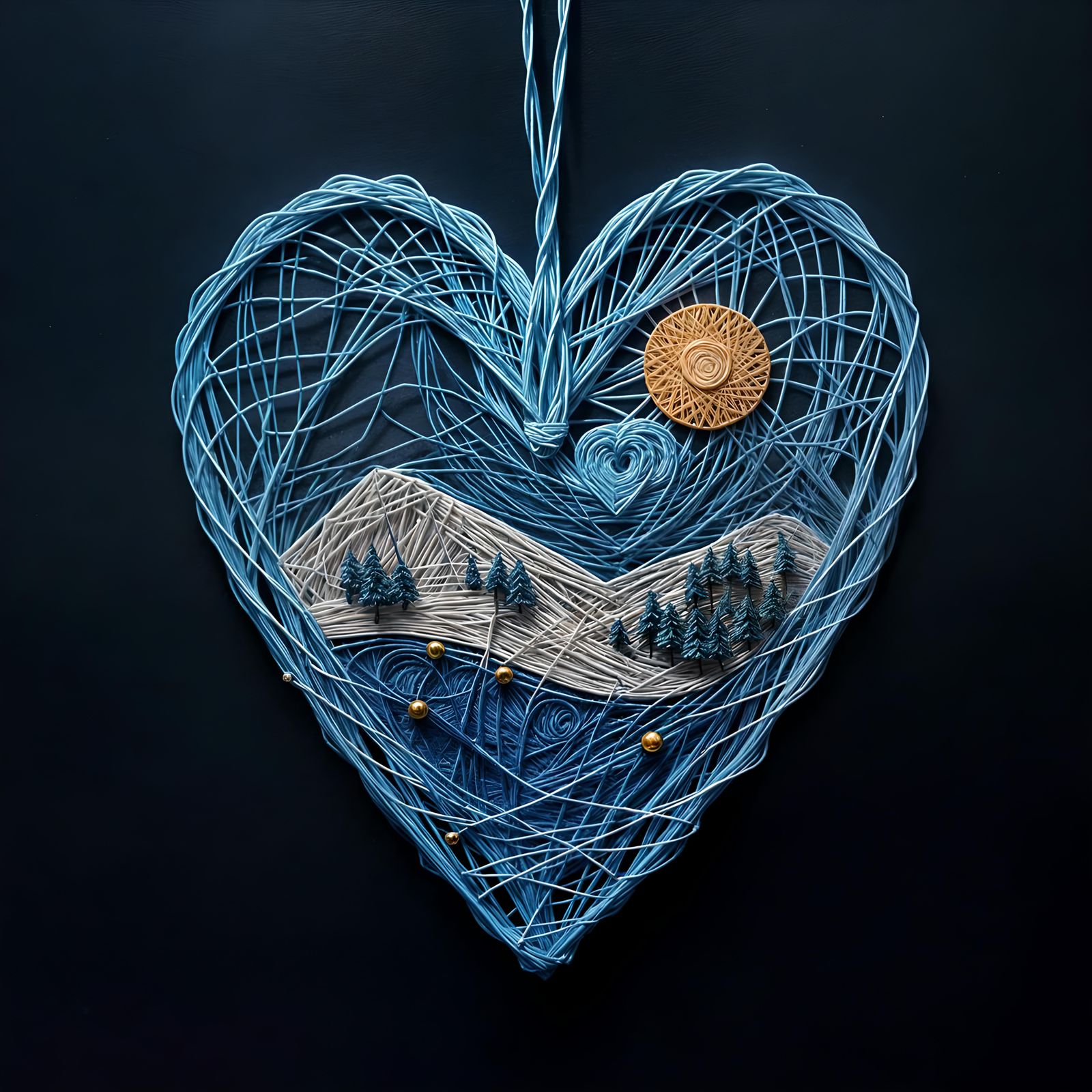 String Art Blue Heart Landscape