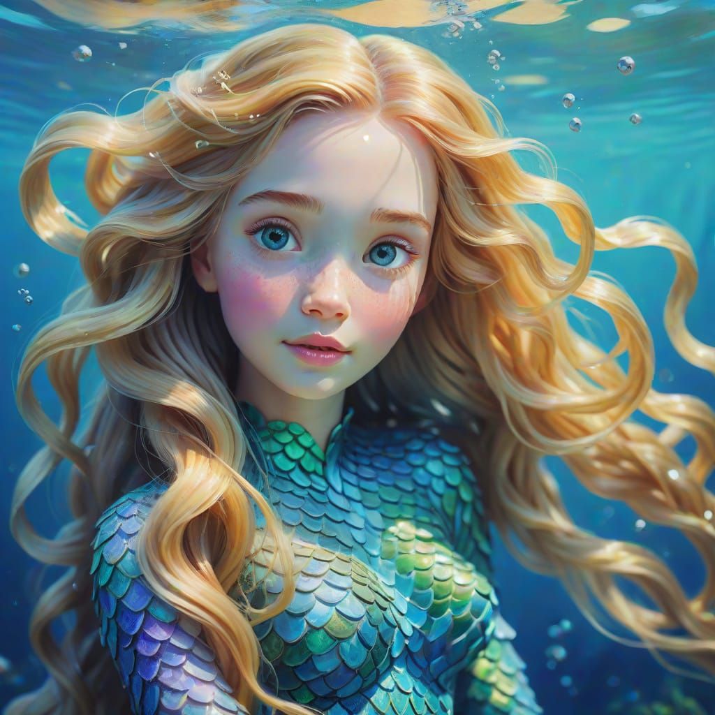 Surreal Underwater Mermaid with Flowing Golden Hair