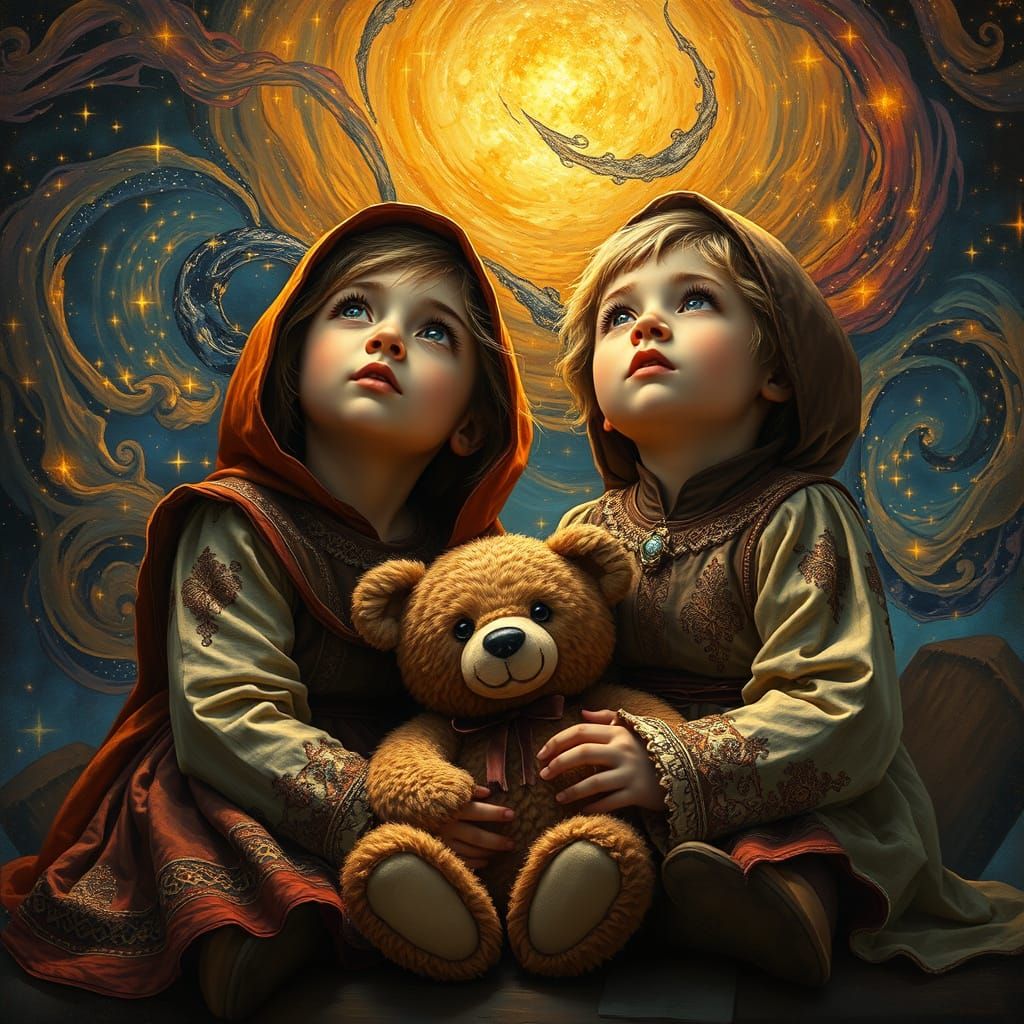 Children Gaze Up in Wonder at the Starry Night Sky in Mediev...