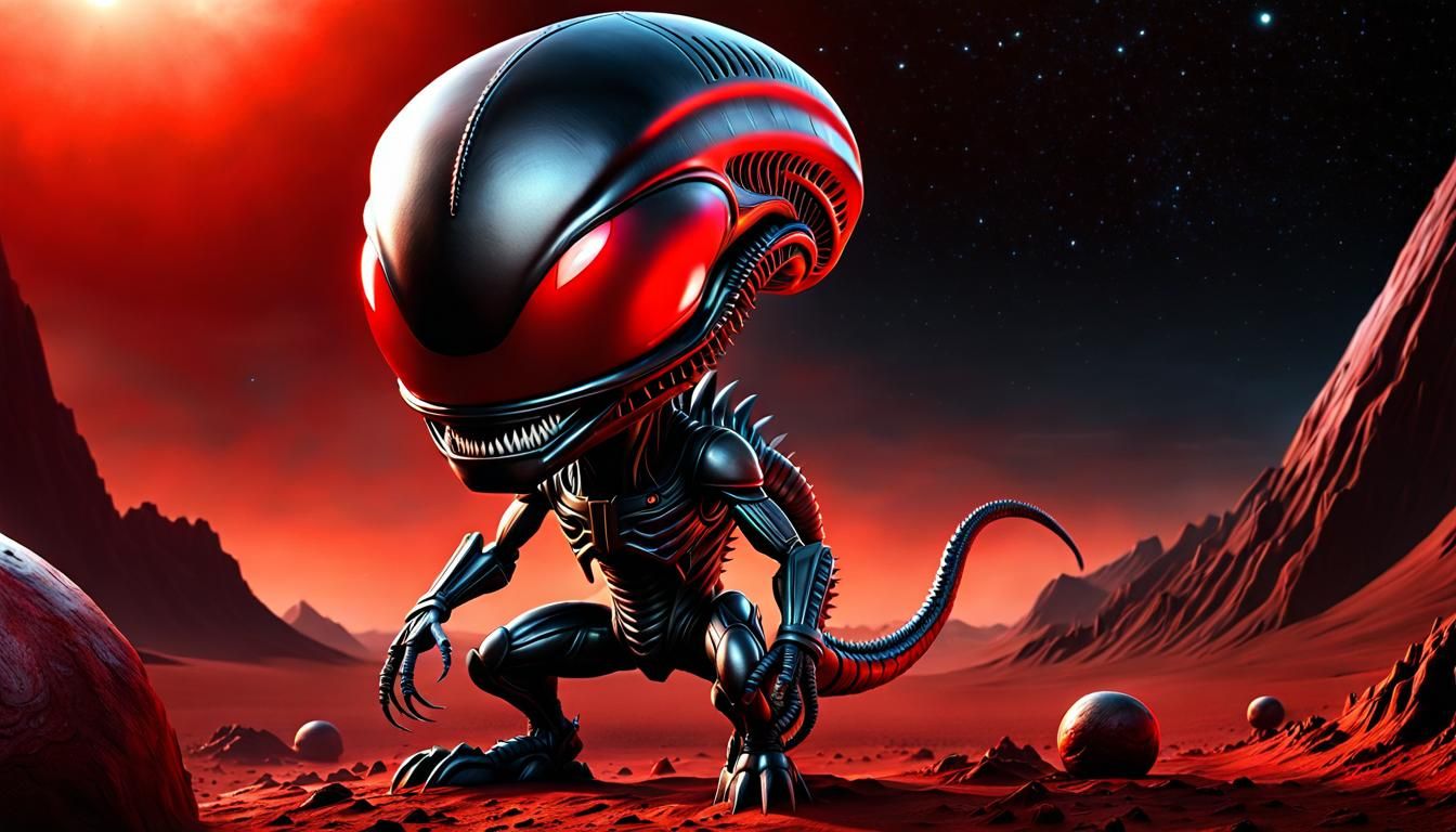 Cute Xenomorph Chibi on Martian Landscape in 3D