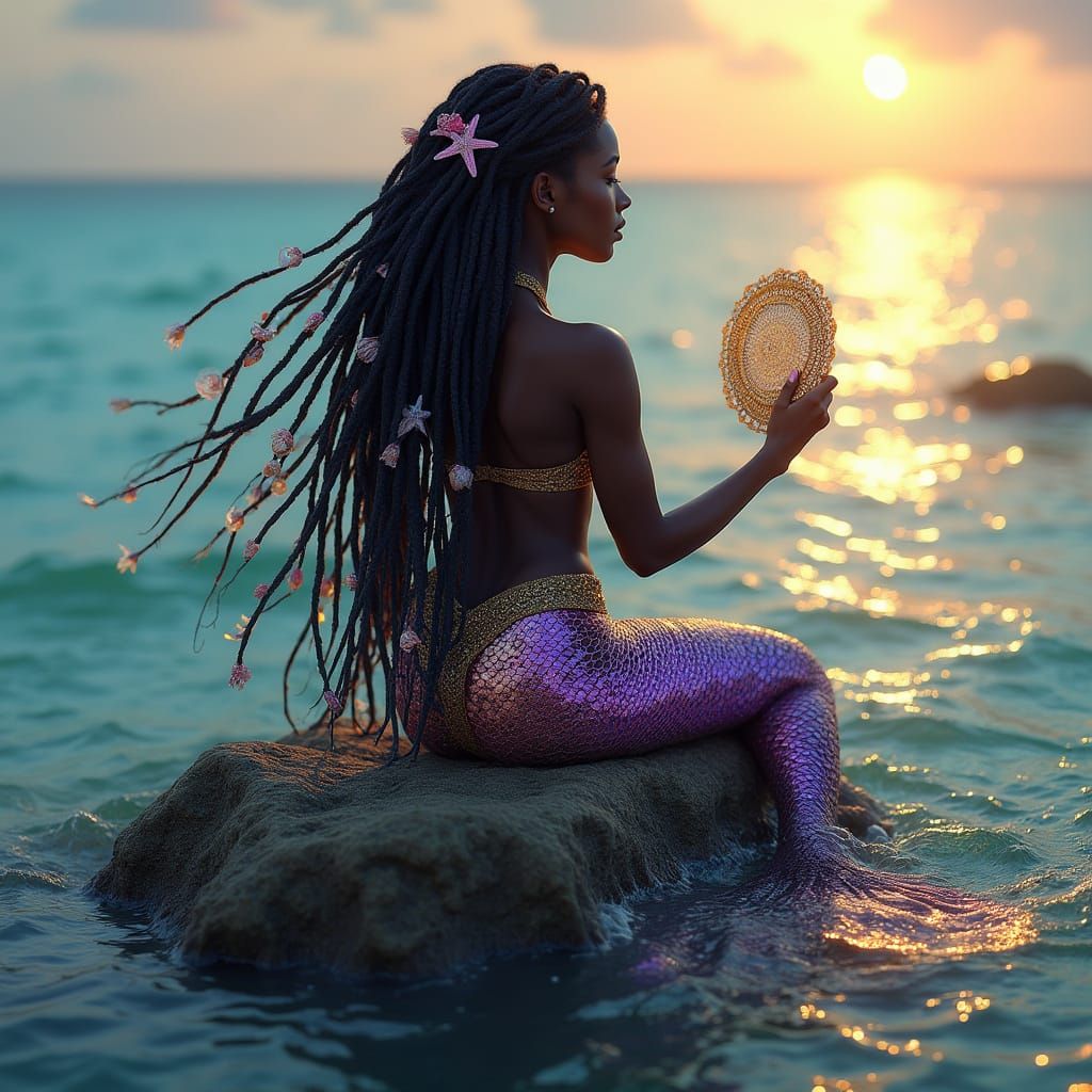 Glowing Black Mermaid in Tranquil Oceanic Splendor