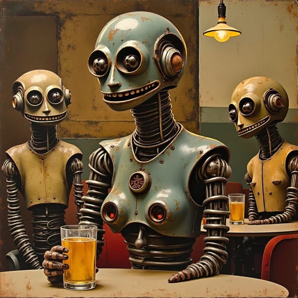 Vintage Cybernetic Men Gather in Mid-Century Cafe