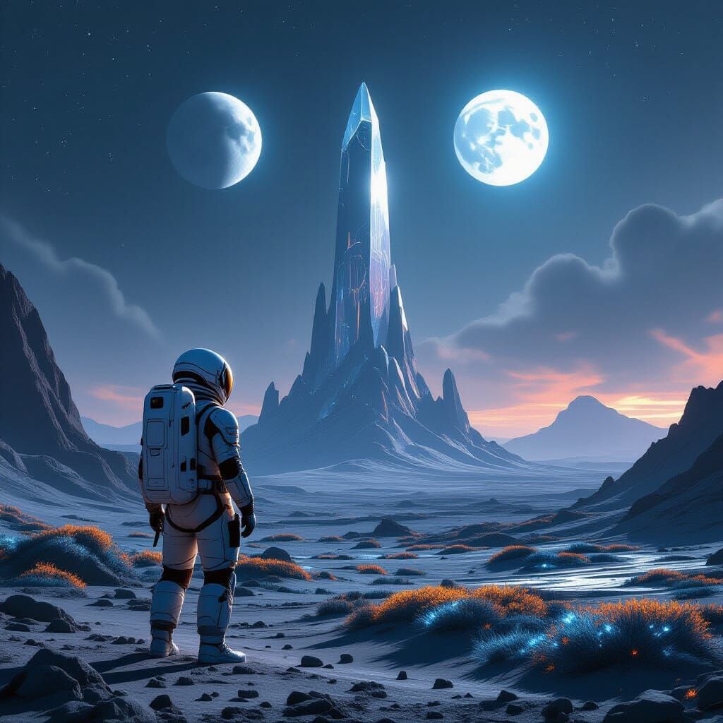 Astronaut Explores Alien World With Crystal Spire