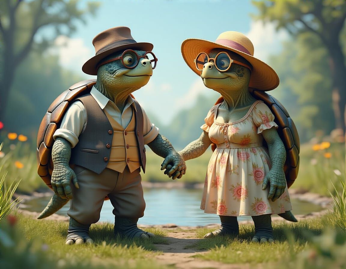 Elderly Turtle Couple Remembering Their Meeting