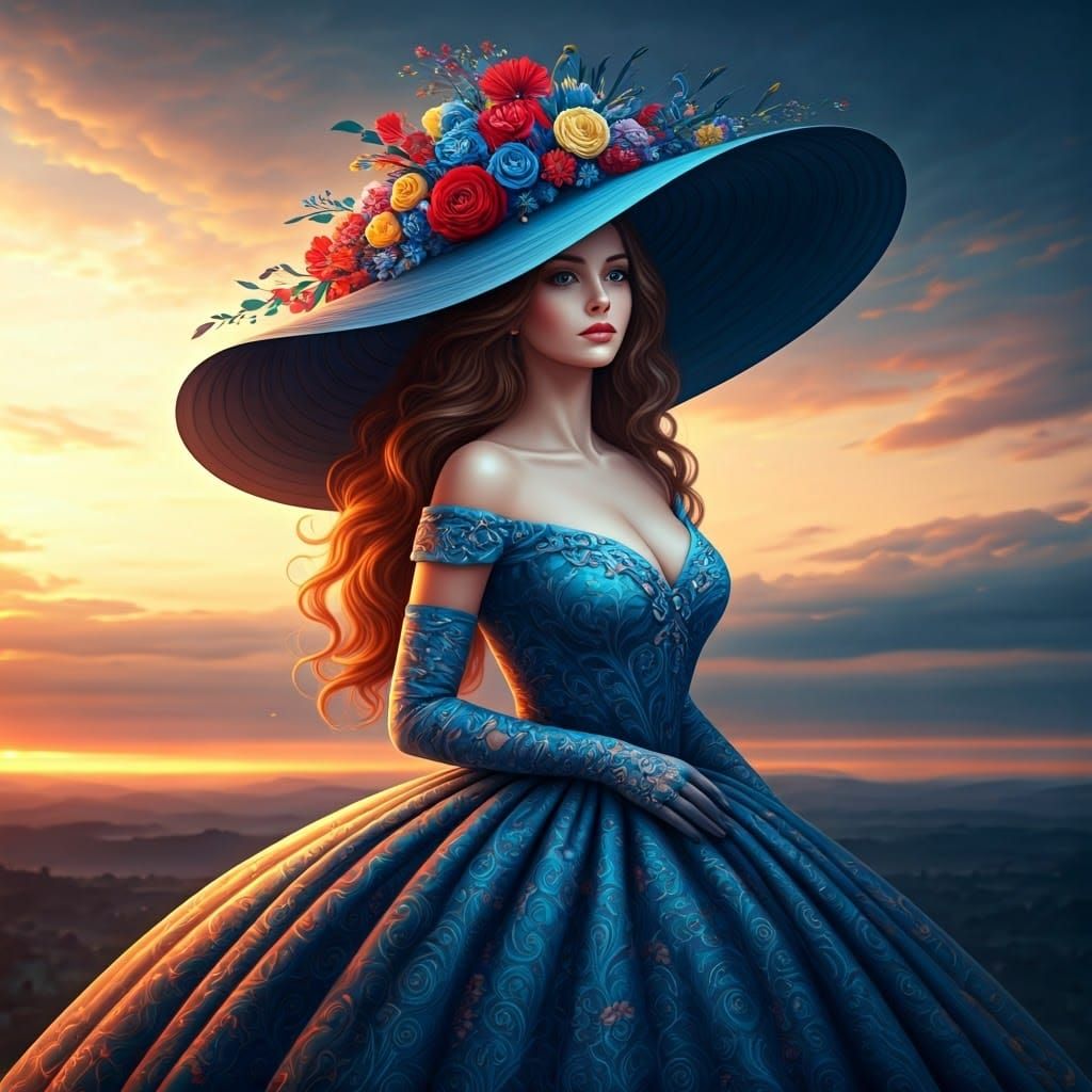 Woman in Blue Hat with Floral Gown