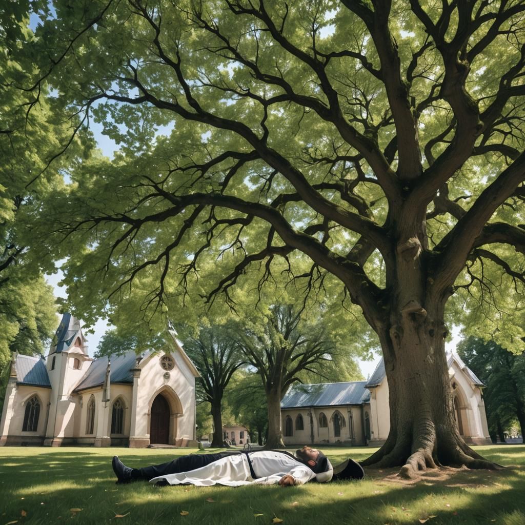 Man Under Tree with Chapel, Vintage Illustration
