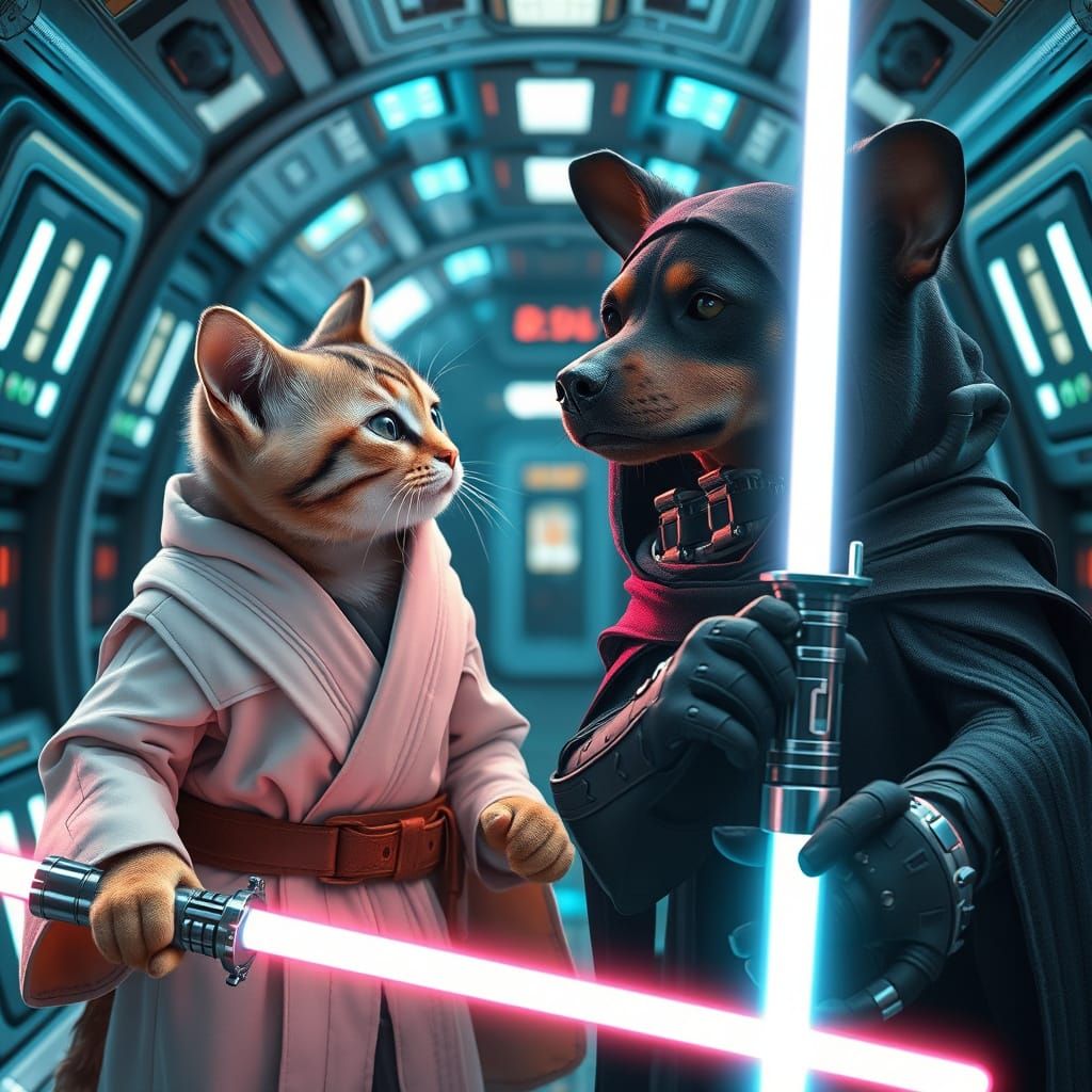 Epic Jedi Cat vs Sith Dog Showdown in Futuristic Space